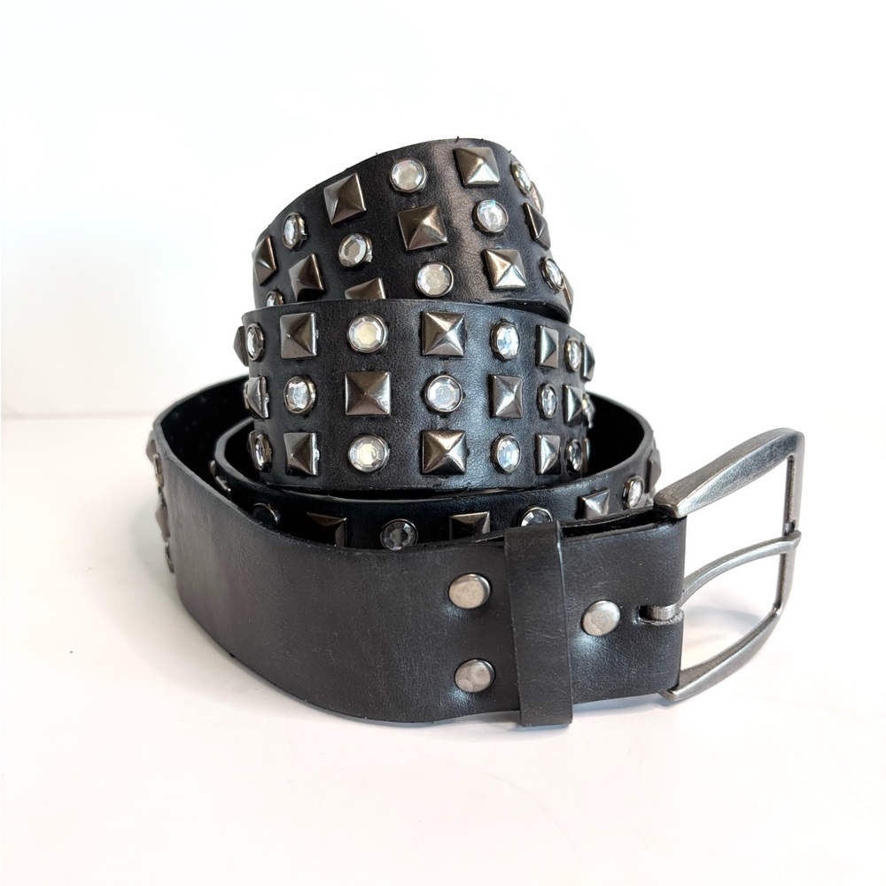 Vintage Black Studded Belt with Rhinestones and Silver Accents